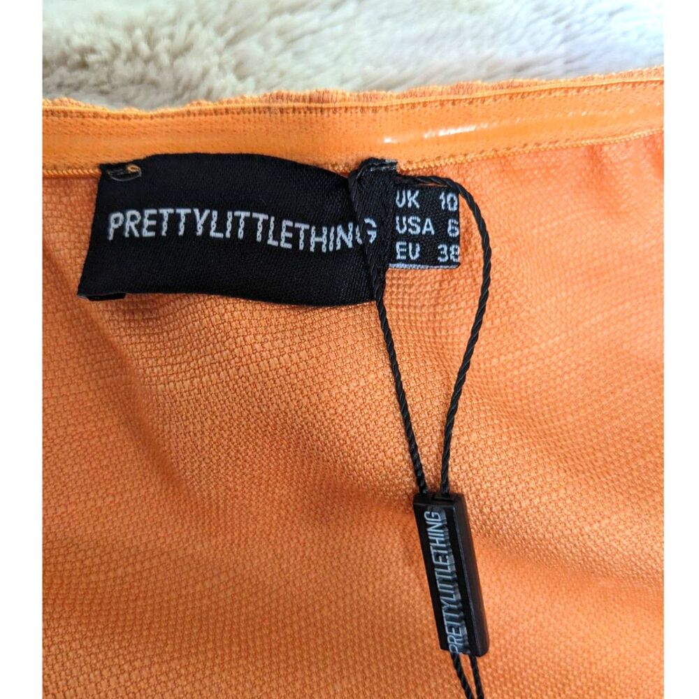 NWT PrettyLittleThing Orange Textured Woven Extreme V Bar Halter Bodycon Dress/6 - Picture 6 of 7